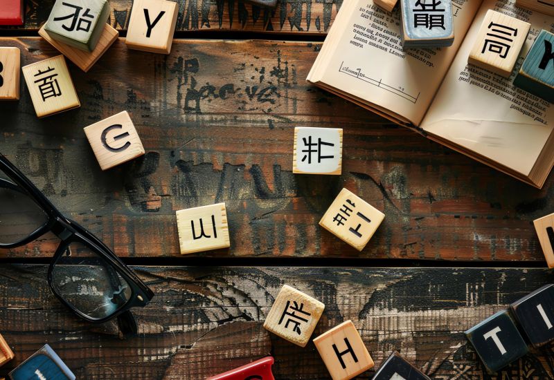 A wooden table with a pair of black eyeglasses, an open book, and a handful of wooden blocks with letters on them.